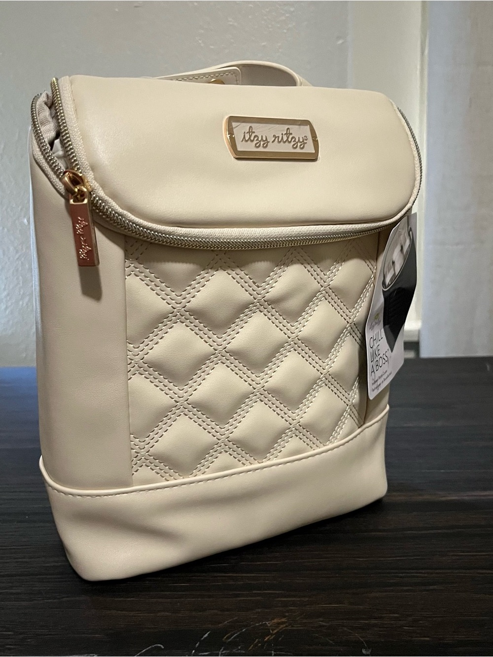 Itzy Ritzy Cream Quilted Chill like a Boss Bottle Bag with Gold Hardware